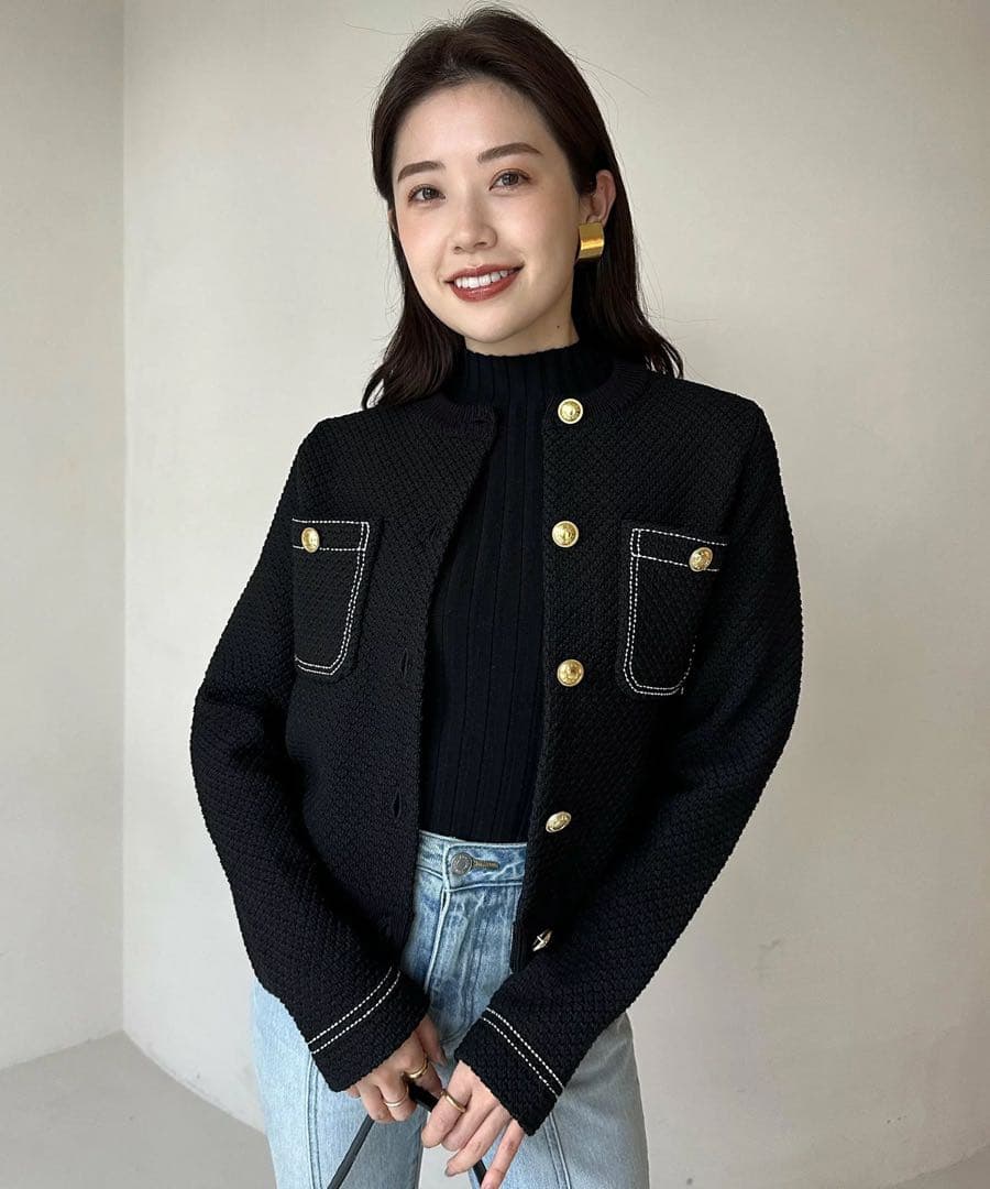 anuans ノーカラーニットジャケット アニュアンス anuans クラシカルノーカラーニットジャケット （NAVY