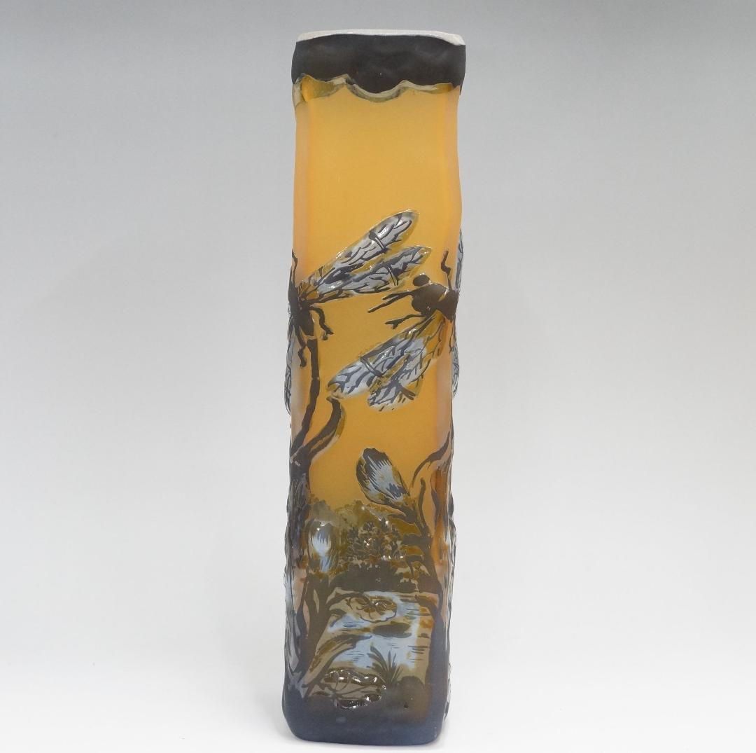 証明書】 エミール ガレ 特大 蜻蛉文 花器 花瓶 技法スフレ 被せガラス