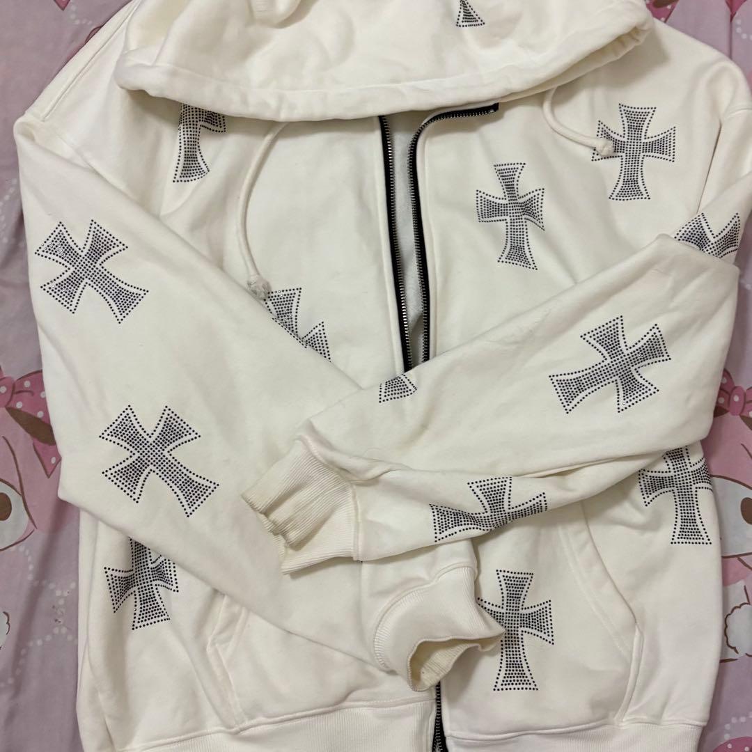 unknown London クロス ラインストーン ジップ パーカー ホワイト