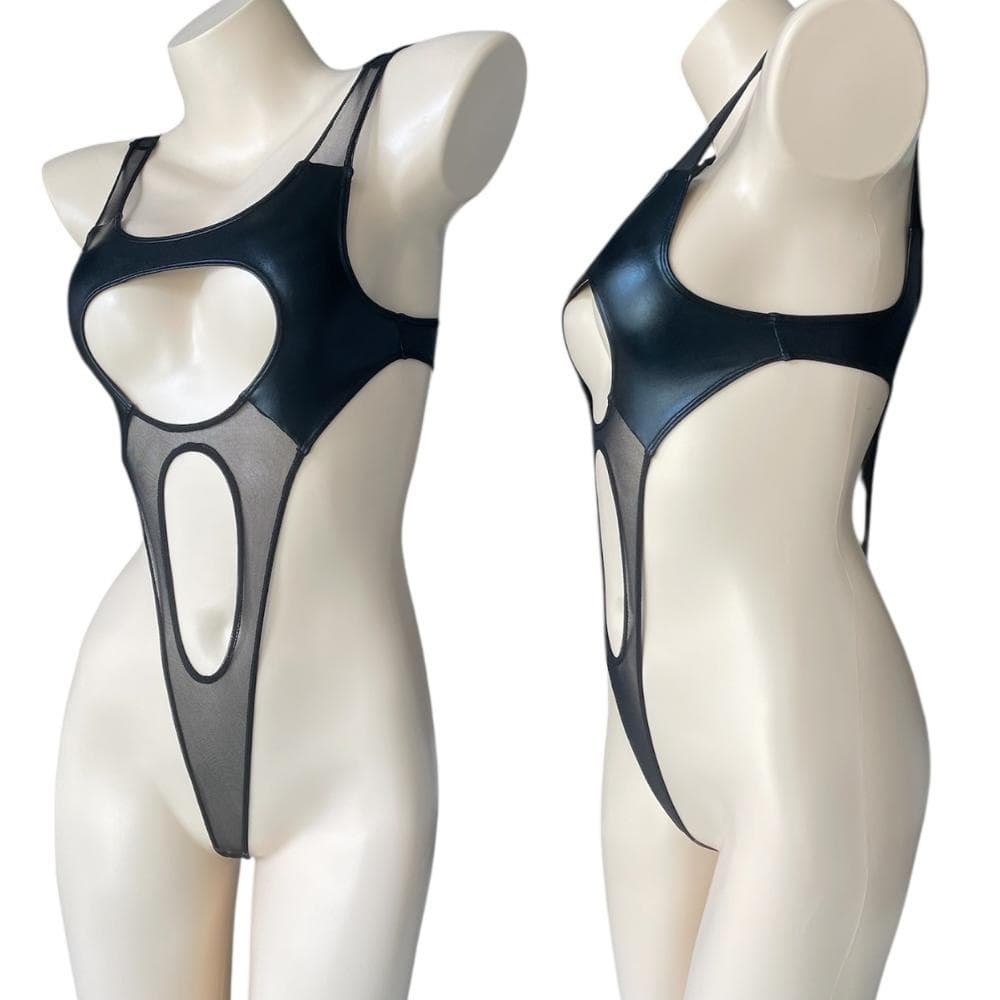 レオタード　ハイレグ　穴あき　光沢ブラック×シアーブラック