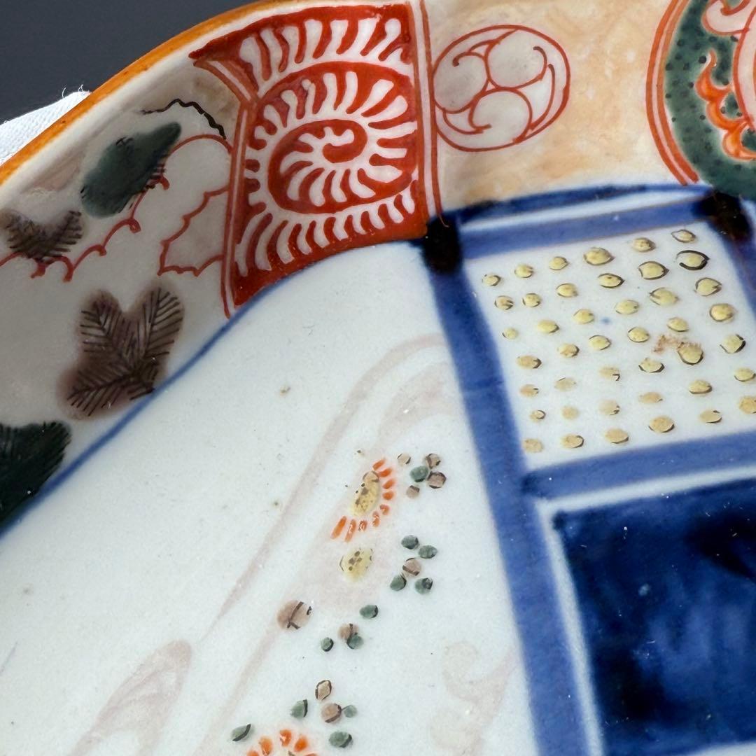 古伊万里 色絵幾何学文木瓜形皿 五客 裏文様有 巻物 宝珠 幕末〜明治期