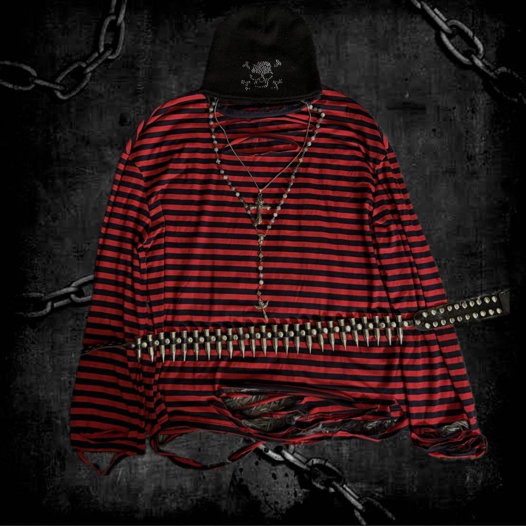 赤黒ボーダーロンT リメイク パンク y2k グランジ 平成 - メルカリ