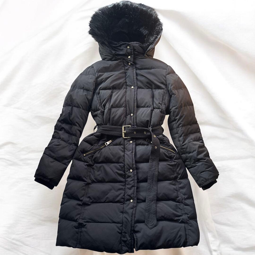 ZARA ダウンコート ロング ファー ベルト 黒 2way Aライン フレア
