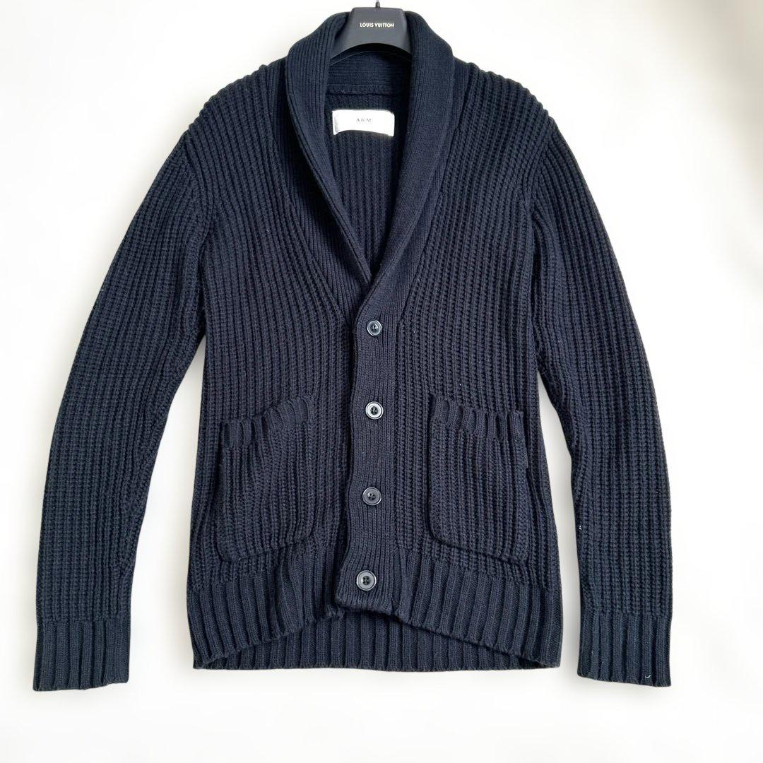 美品 AKM ショールカラー ニット カーディガン ネイビー ミドルゲージ
