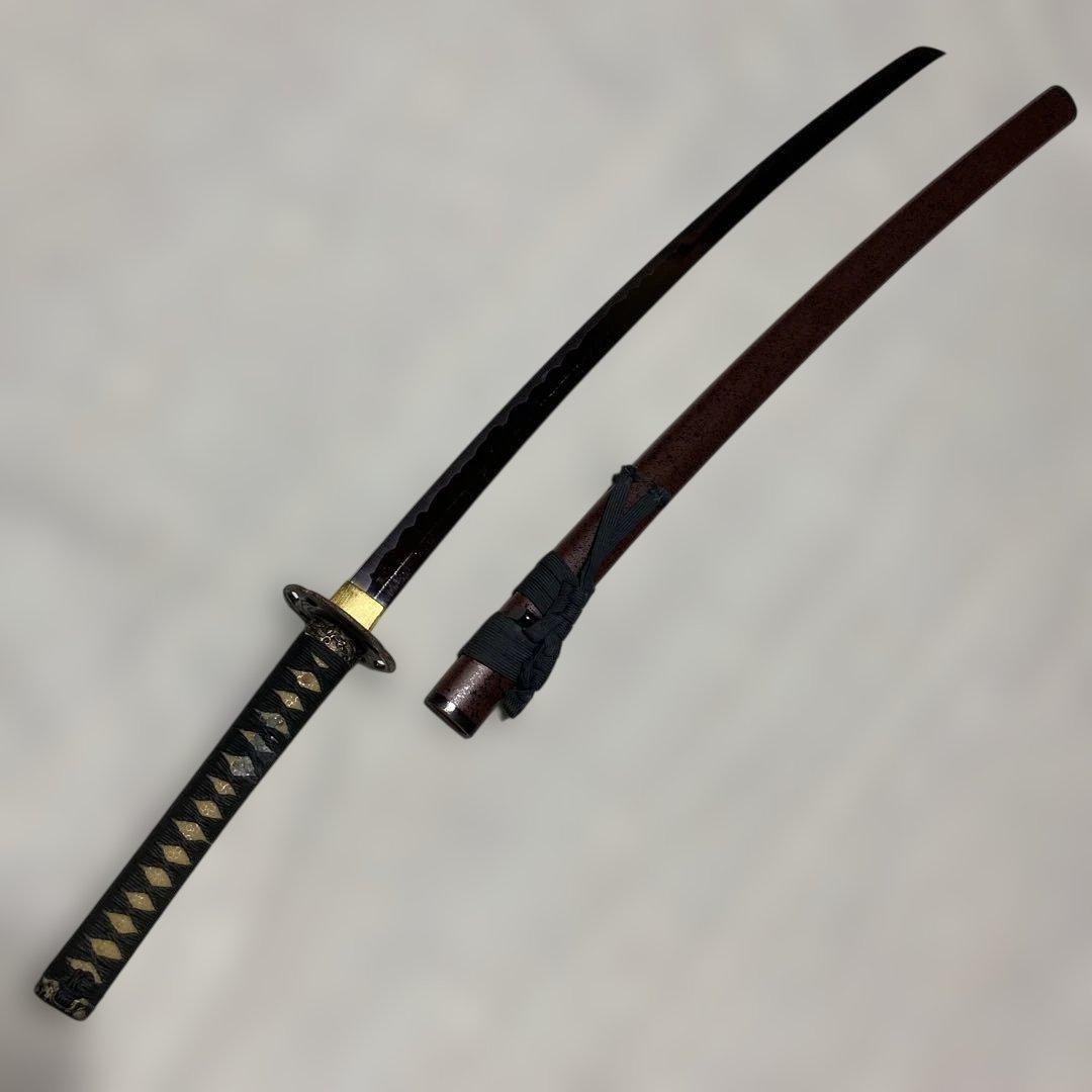 割安模造刀 濃緑柄 波絵透し丸鍔 梨地茶鞘