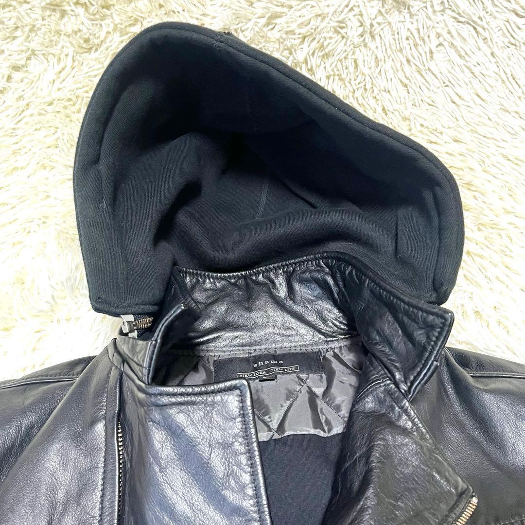 shama シャマ ライダースジャケット 牛革 レザー フーデッド 黒 メンズ