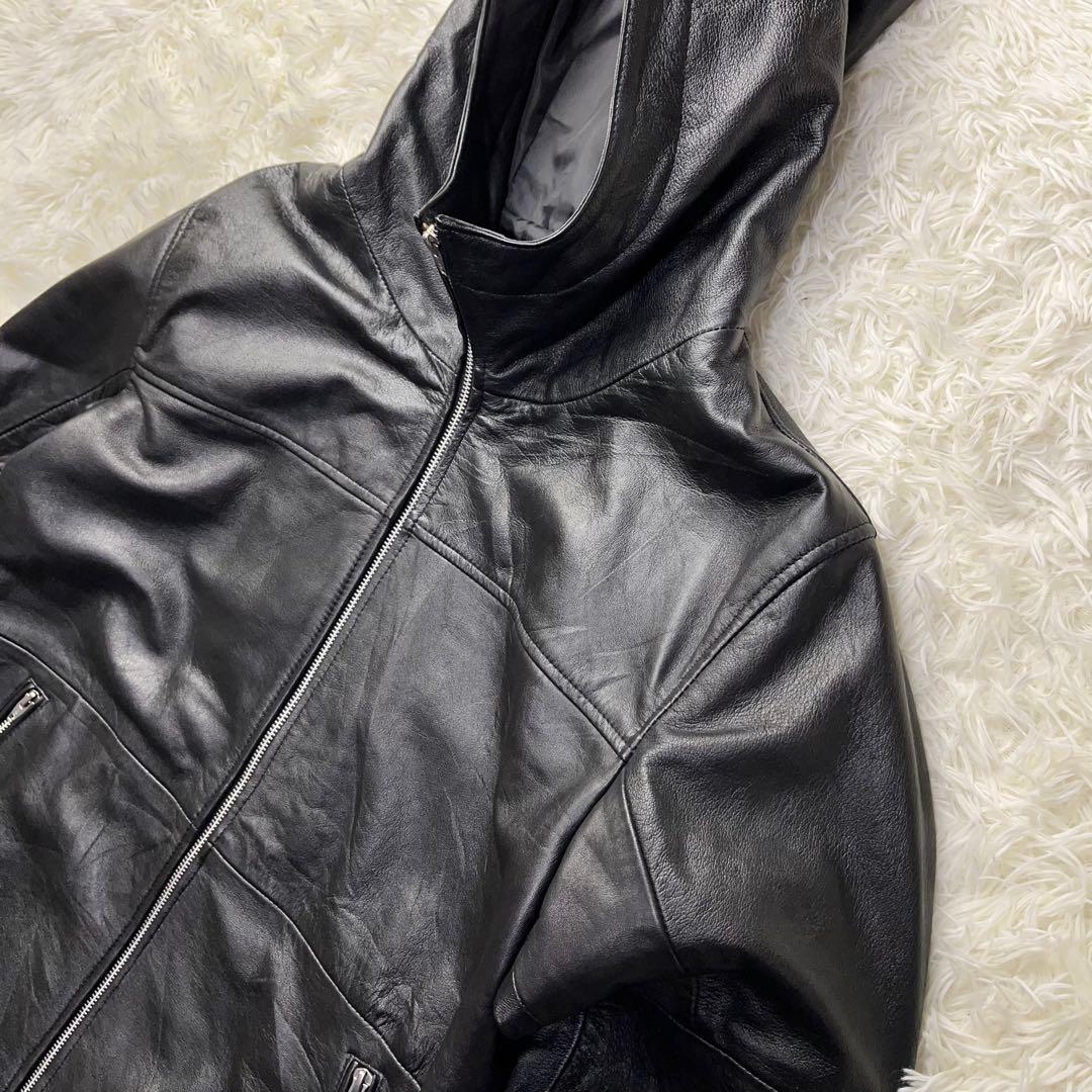 大きいサイズ】roshell フード レザージャケット XXL 本革 ブラック