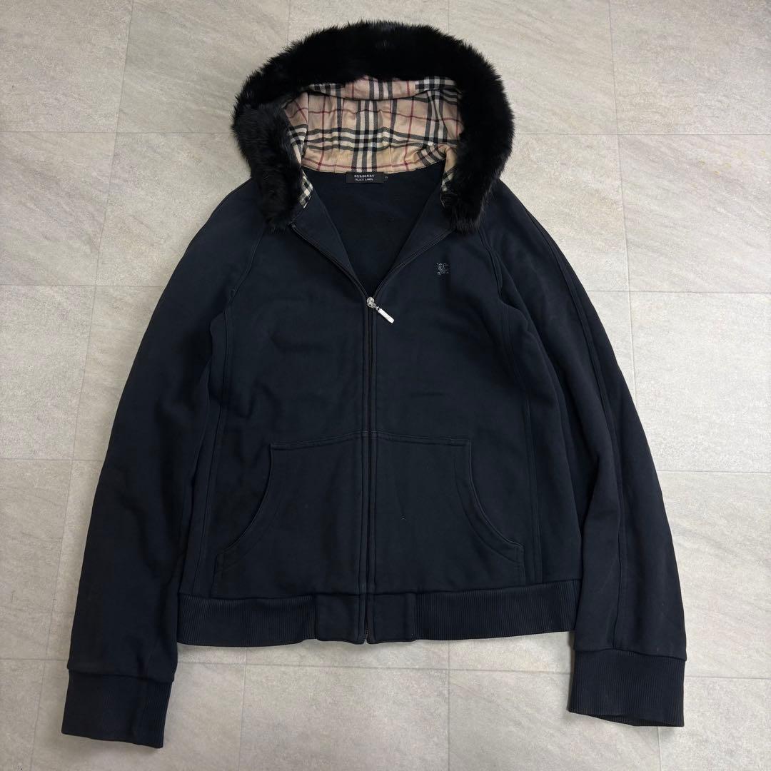 バーバリーブラックレーベル ファー付き パーカー ノバチェック ラビット M