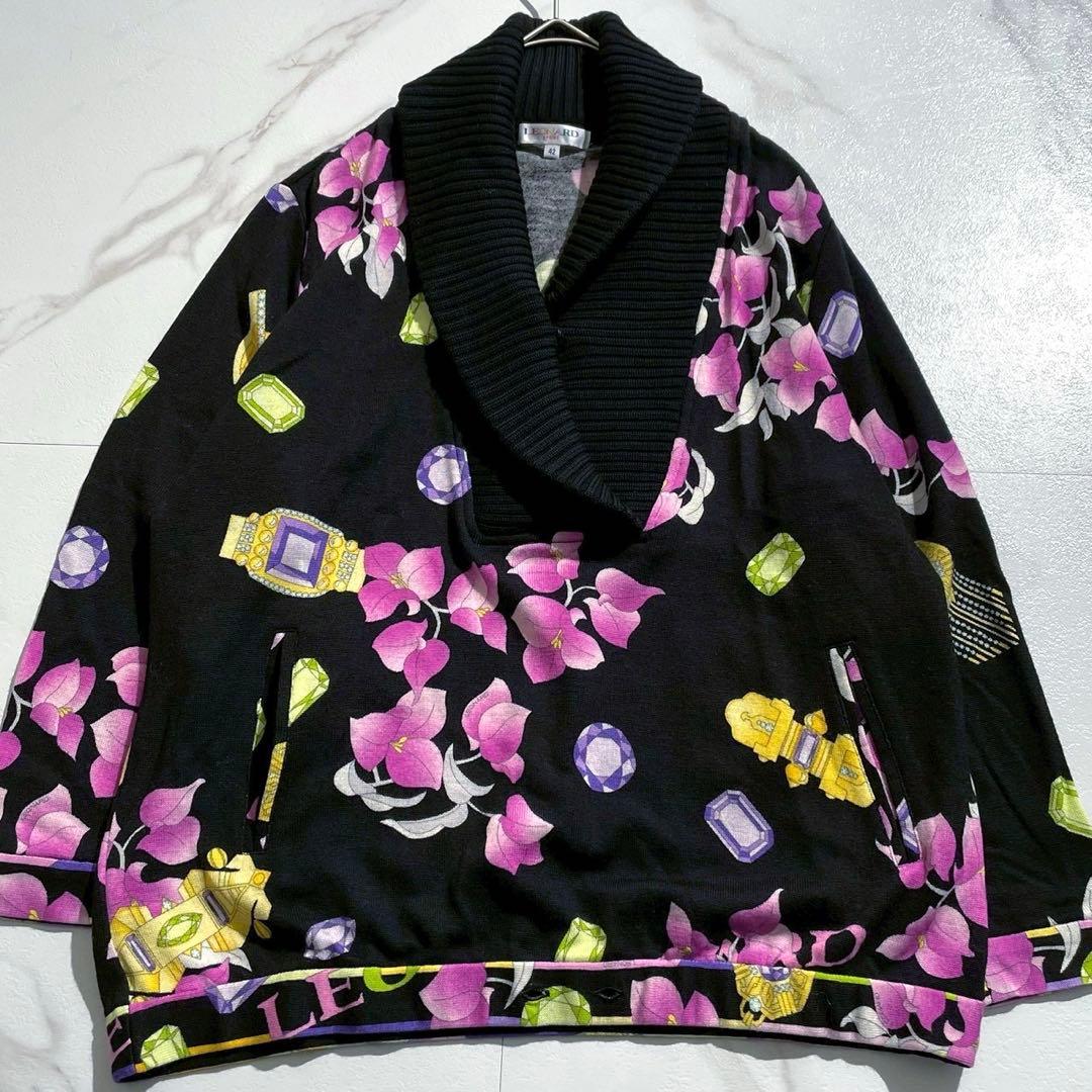 極美品✨レオナールスポーツ ショールカラーニット ウール100 花柄 宝石 42 JELADO」 Salem Knit-Shawl Collar ジェラード セーラムニット