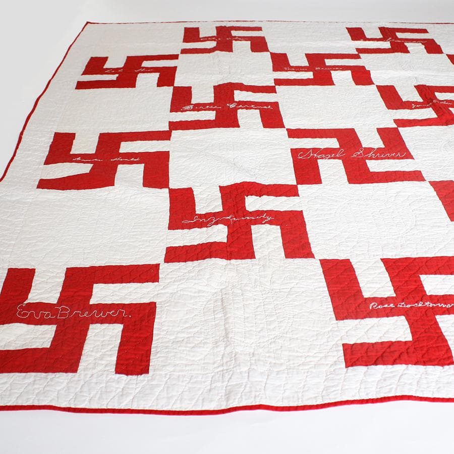 30s-40s アンティーク キルト 卍 レッド 刺繍 メモリアル ビンテージ