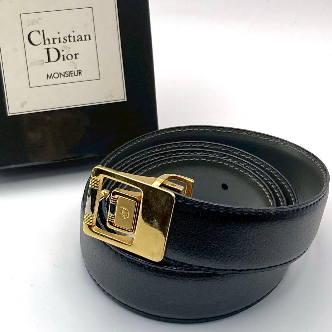 【美品】クリスチャンディオール　レザーベルト　ヴィンテージ　ロゴ金具　ブラック Christian Dior クリスチャン ディオール レザー バックル ベルト