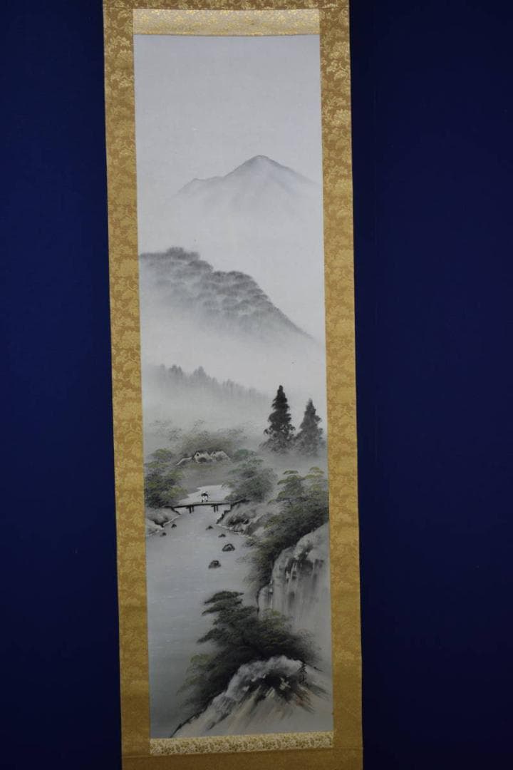 真作/麦秋/山水釣人図/布袋屋掛軸HI-184