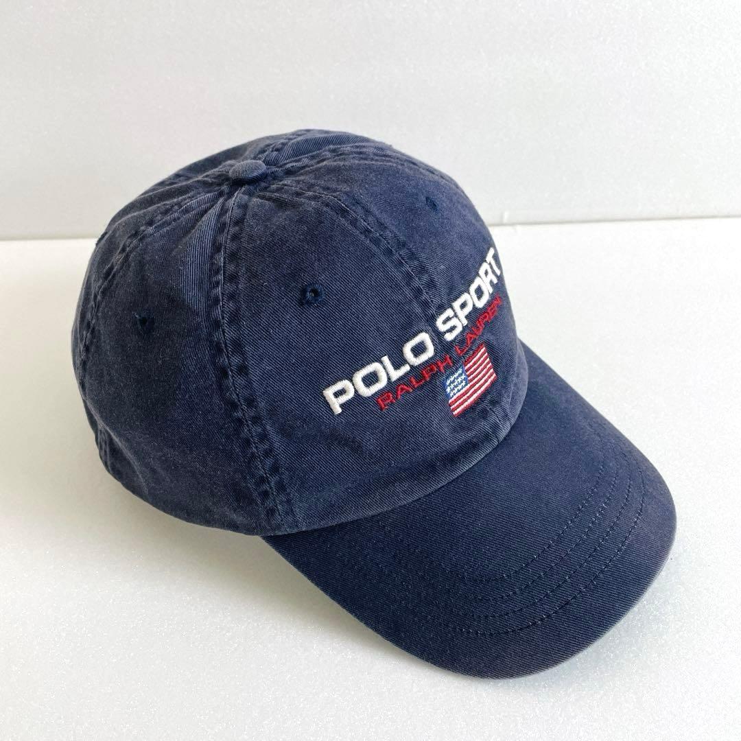 希少レア　人気POLO SPORT キャップ 星条旗 ヴィンテージ　ナス紺　刺繍 90's オールド ポロスポーツ ロゴキャップ 星条旗 ラルフローレン