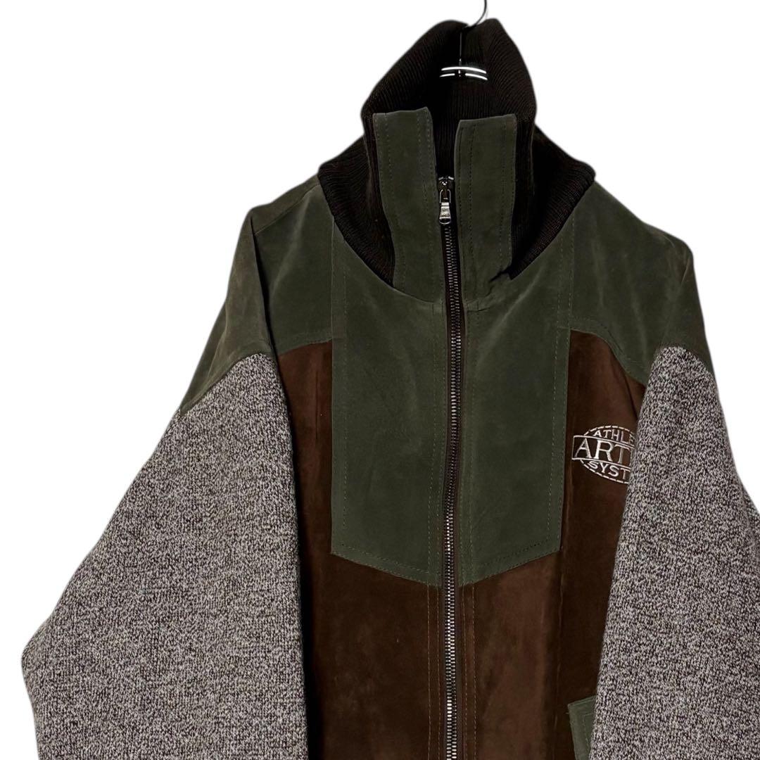 イタリア製 スエードレザージャケット 茶色×緑 XL 切り替えウール