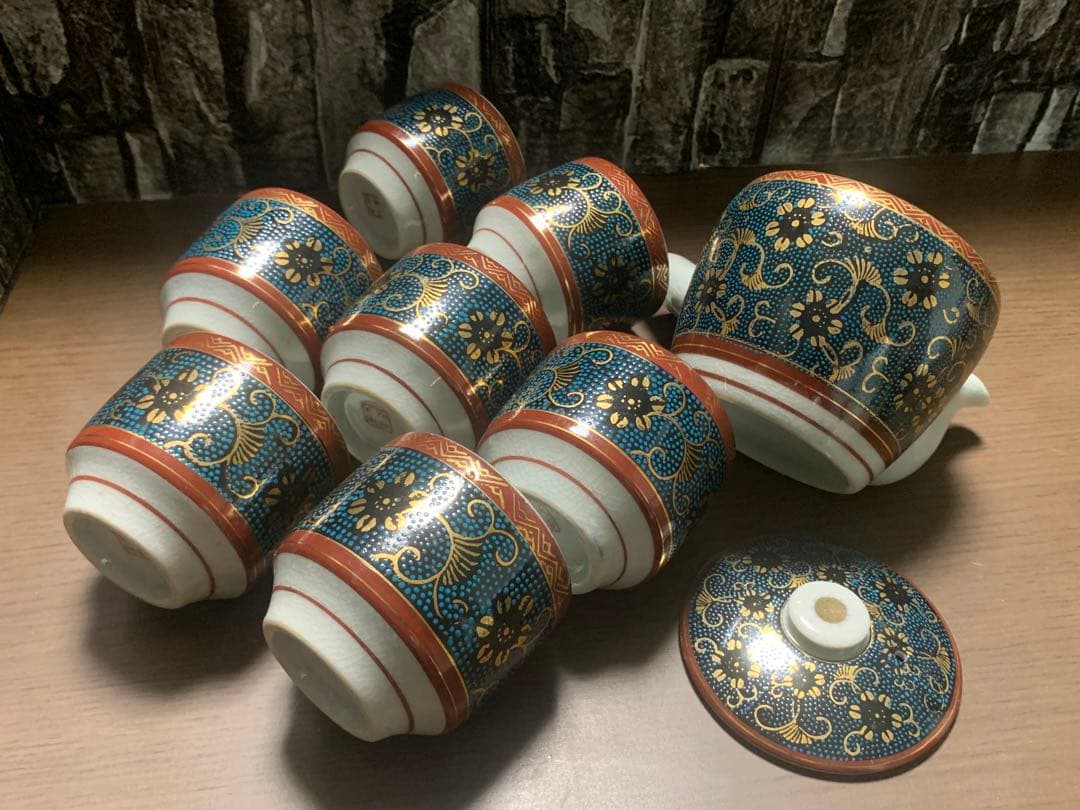 九谷焼 茶器セット 青粒鉄仙 急須＆湯呑み7客 伝統工芸 金彩 煎茶道具