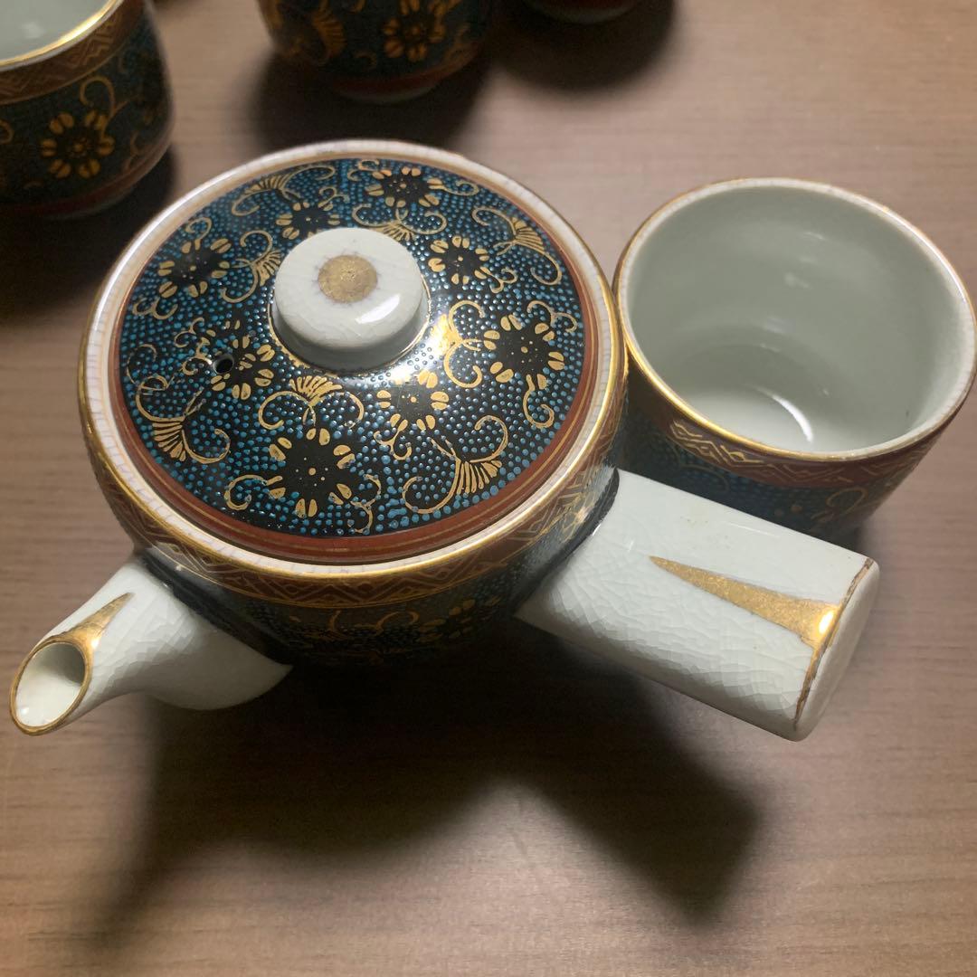 九谷焼 茶器セット 青粒鉄仙 急須＆湯呑み7客 伝統工芸 金彩 煎茶道具