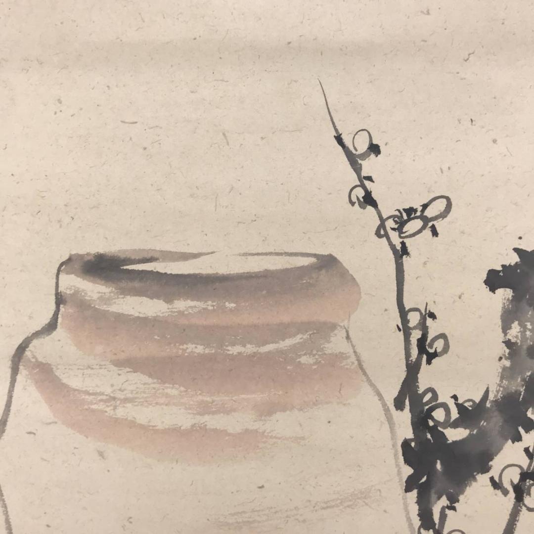 【真作】湖山/蟻峯/弥寿/合作/梅椿大瓶図/花図/掛軸/名家伝来/AC-586