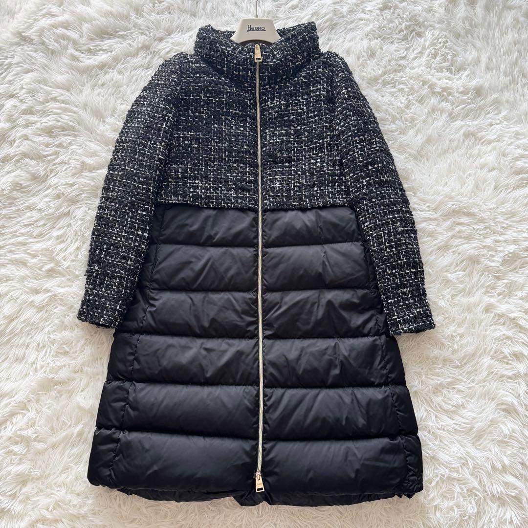 ヘルノ】ツイード切り替え ダウンコート フード取り外し可能 40 黒