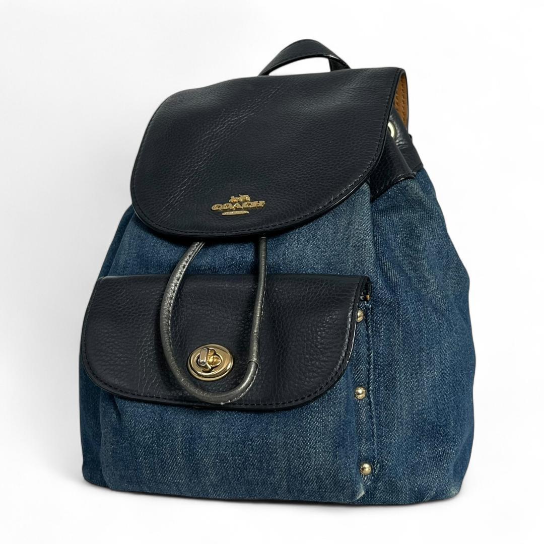 美品 COACH バックパック デニム レザー ネイビー ターンロック 花柄
