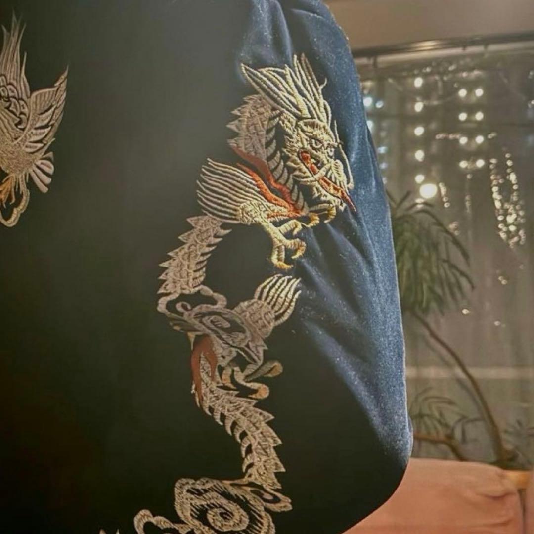 スカブルゾン】刺繍ドラゴンと鷲のベルベットジャンパー ネイビーLL