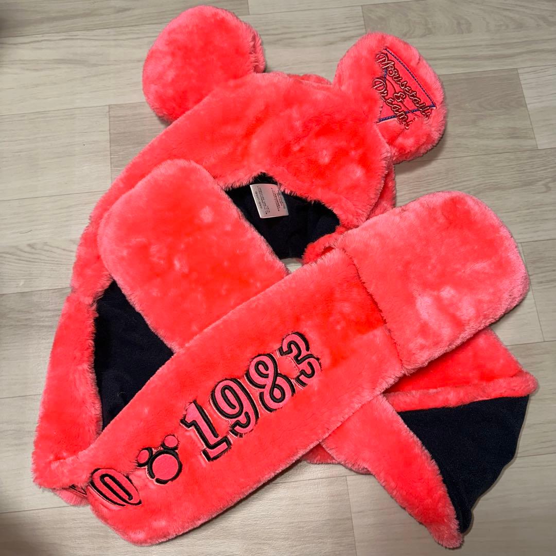 ディズニー ピンク ミッキー 手袋付きマフラー マフラーキャップ