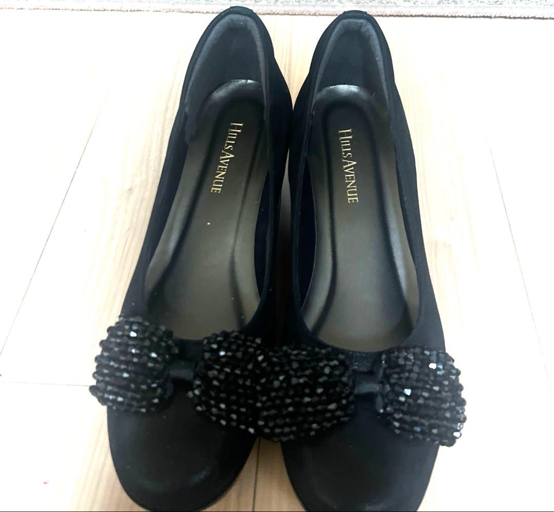 新品未使用　HILLS AVENUE 　リボンビジュー　付の黒パンプス リボン付きパンプス ブラックパイソン ヘビ型押し PUMPS BLACK 黒