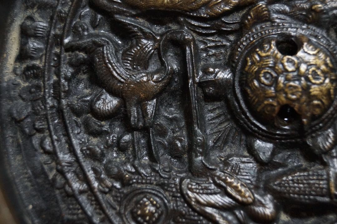 江戸時代 金工細工『鶴亀松文』天下一 古銅鏡 古鏡 和鏡☆時代物