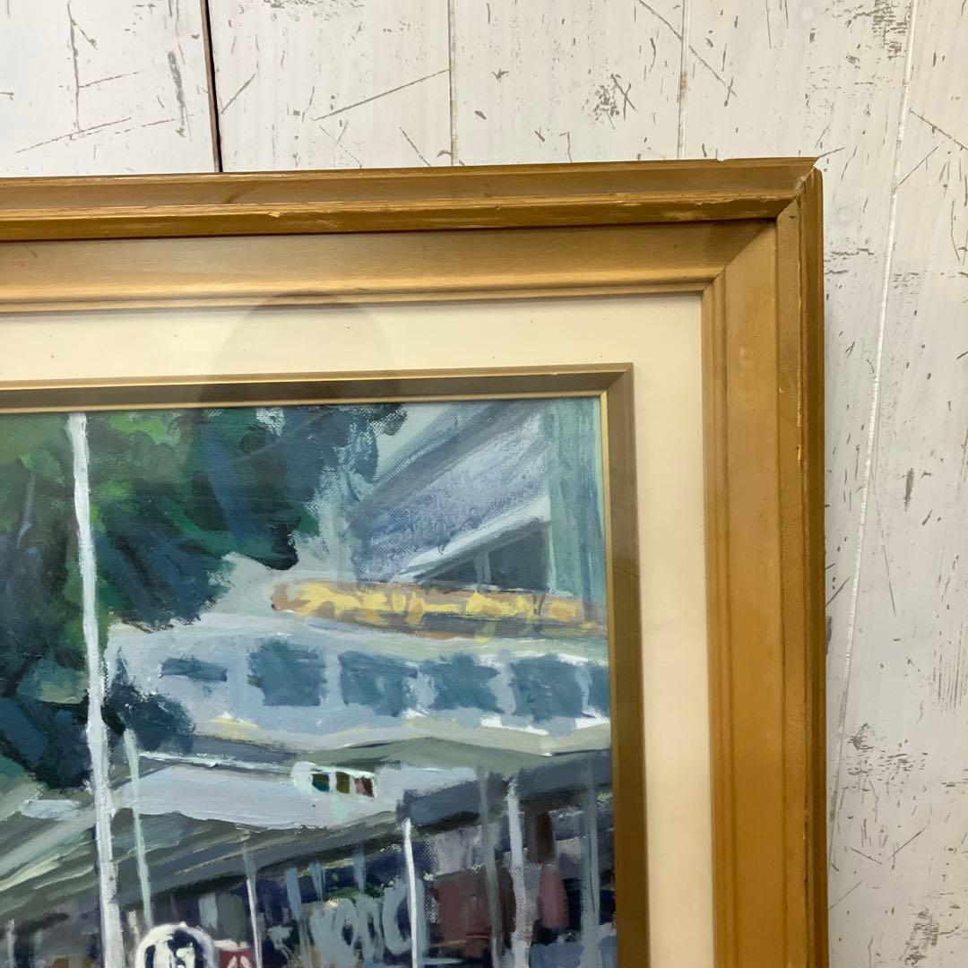 昭和レトロ 商店街街並み 風景画 油絵 油彩画 絵画 額装 木製 額縁 繁華街