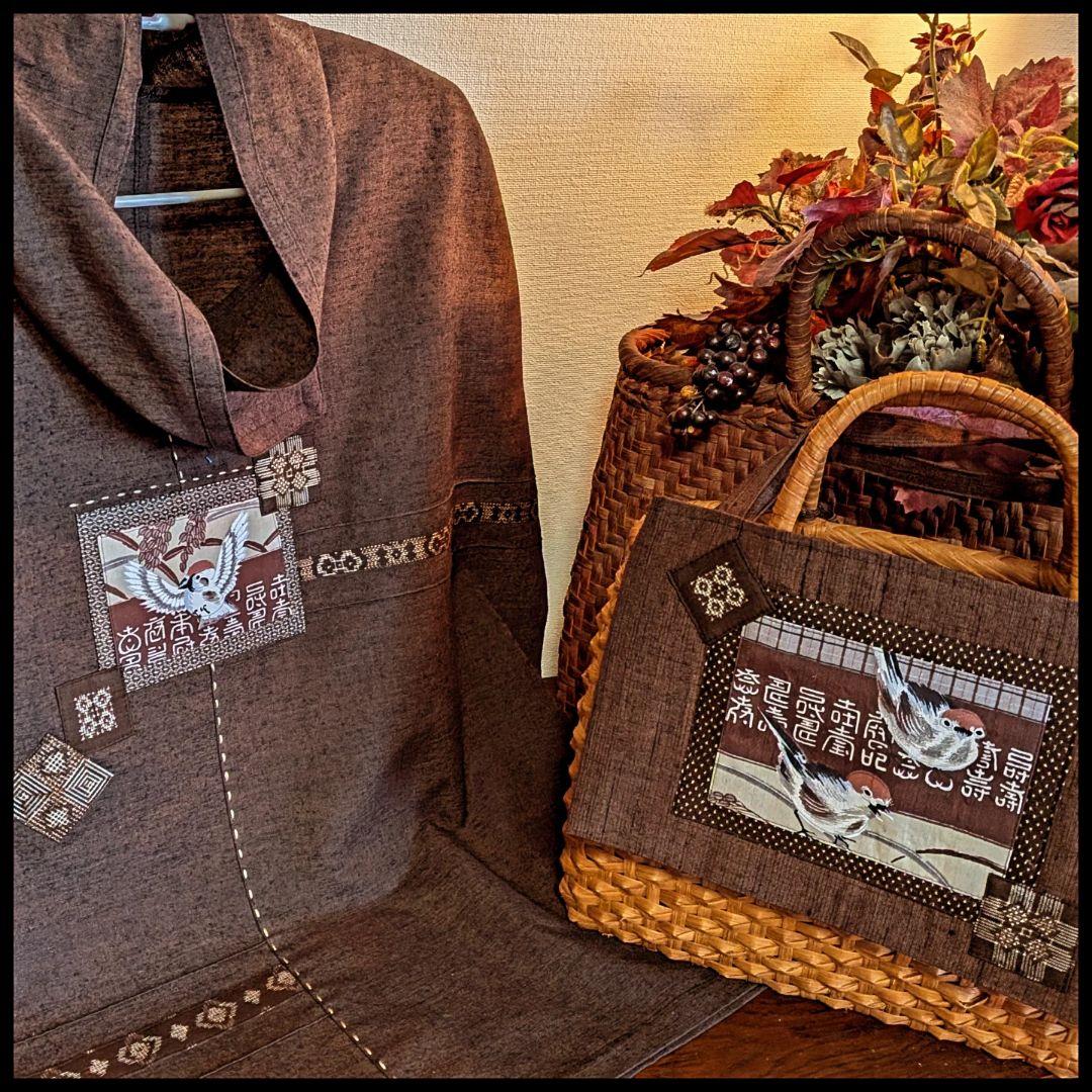 結城紬 ♥反物～古布リメイクフレンチブラウス 雀柄＆大島紬 - メルカリ