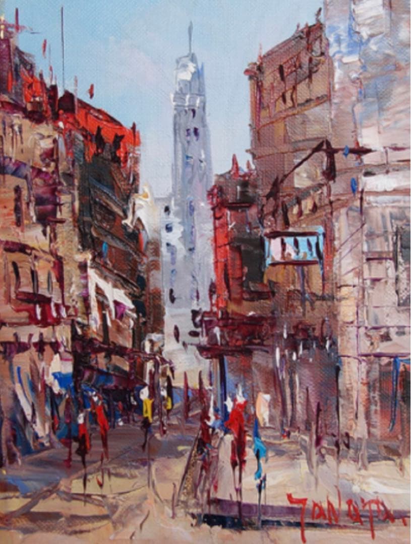 真作　田中浩二　パリー街角　油彩　真筆