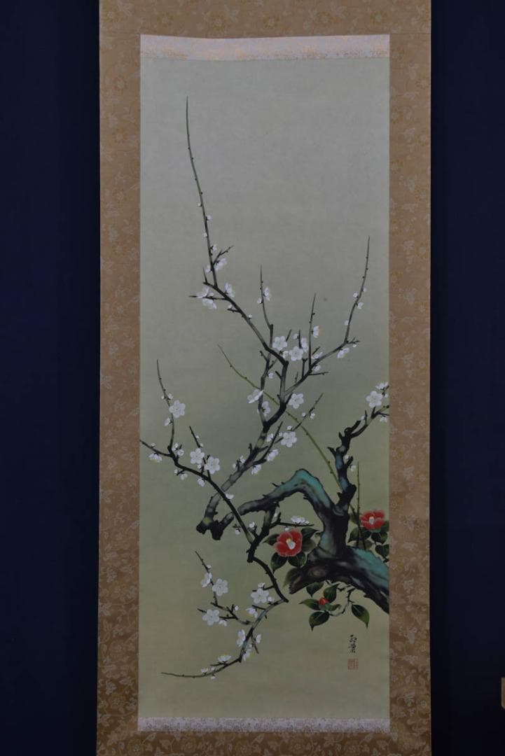 真作/紅葉/梅花椿之図//掛軸☆宝船☆Z-902