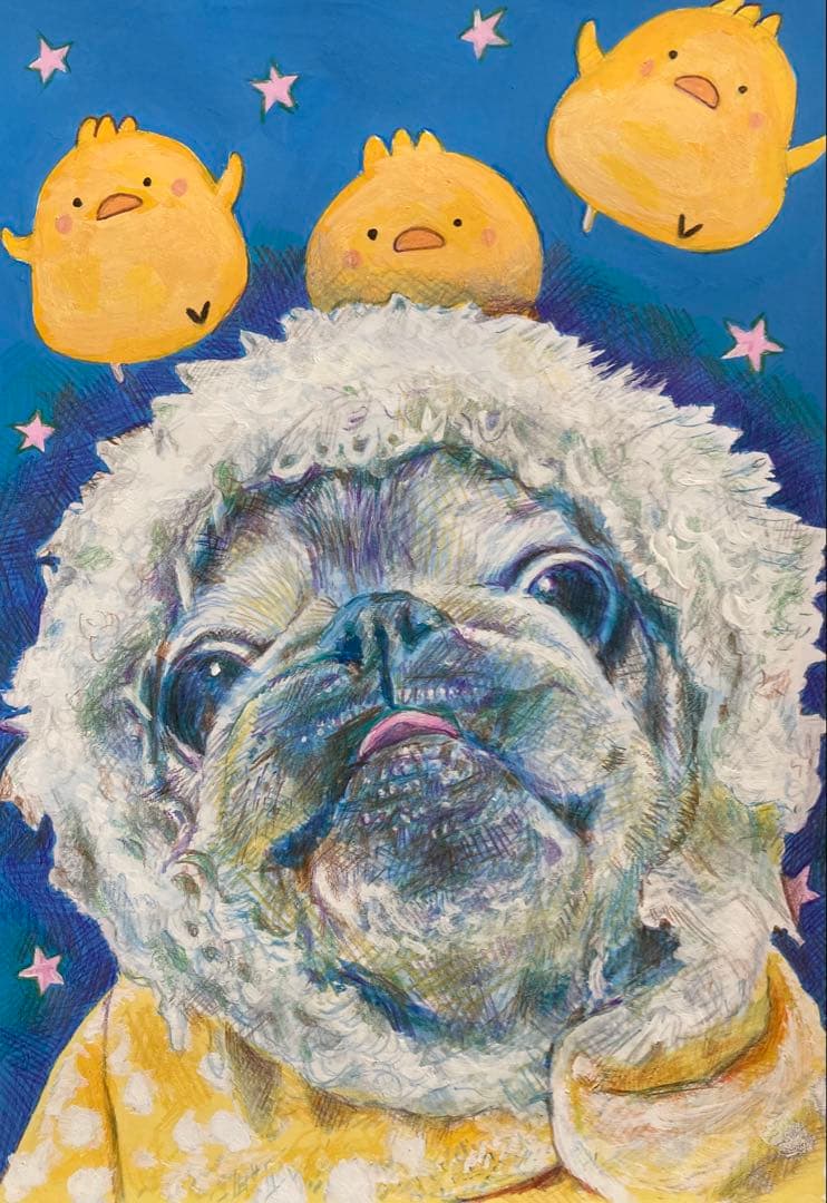 りんねです。色鉛筆画　犬の絵　パグ