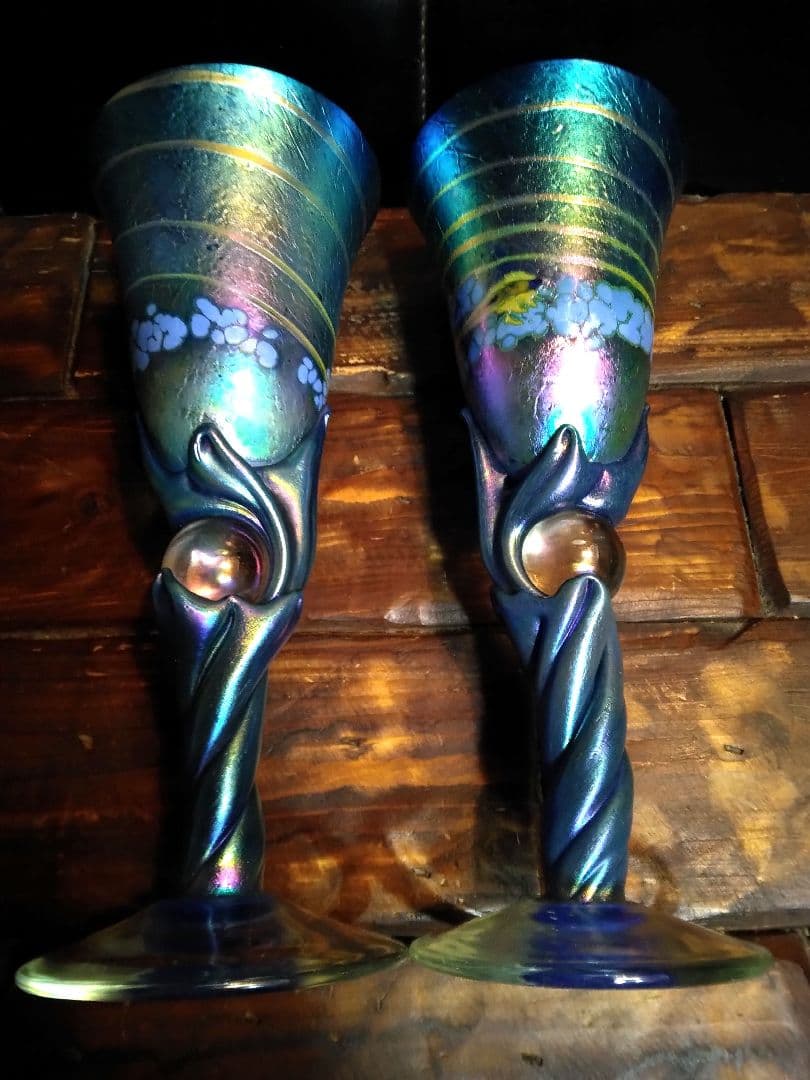 一点物　コリン・ヒーニー　ゴブレット　2個　アート　グラス　吹きガラス　サイン 一点物 コリン・ヒーニー ゴブレット 2個 アート グラス 吹きガラス