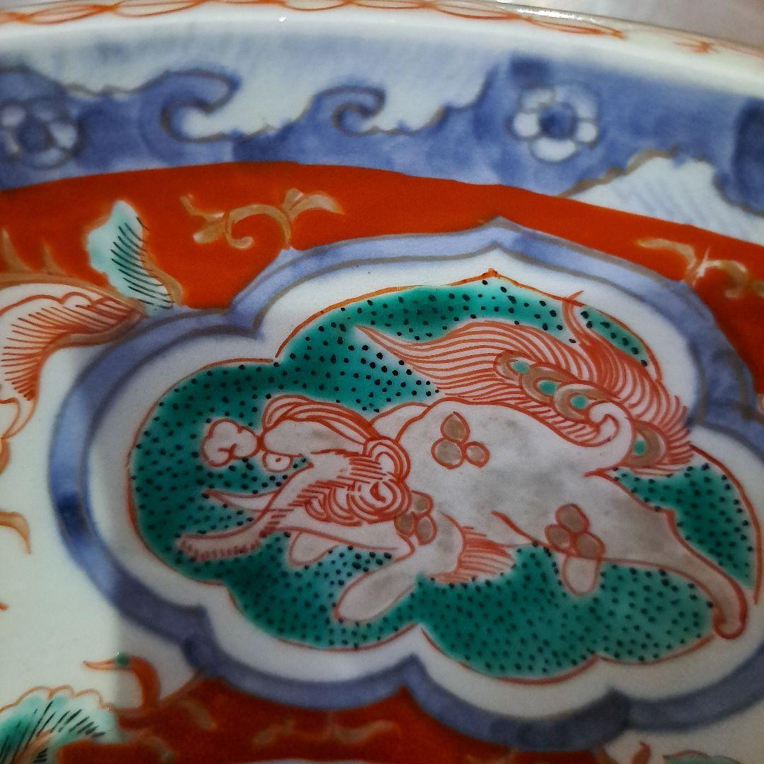 江戸中期 赤絵金彩 染錦 7寸中鉢 富貴長春 花窓 獅子図
