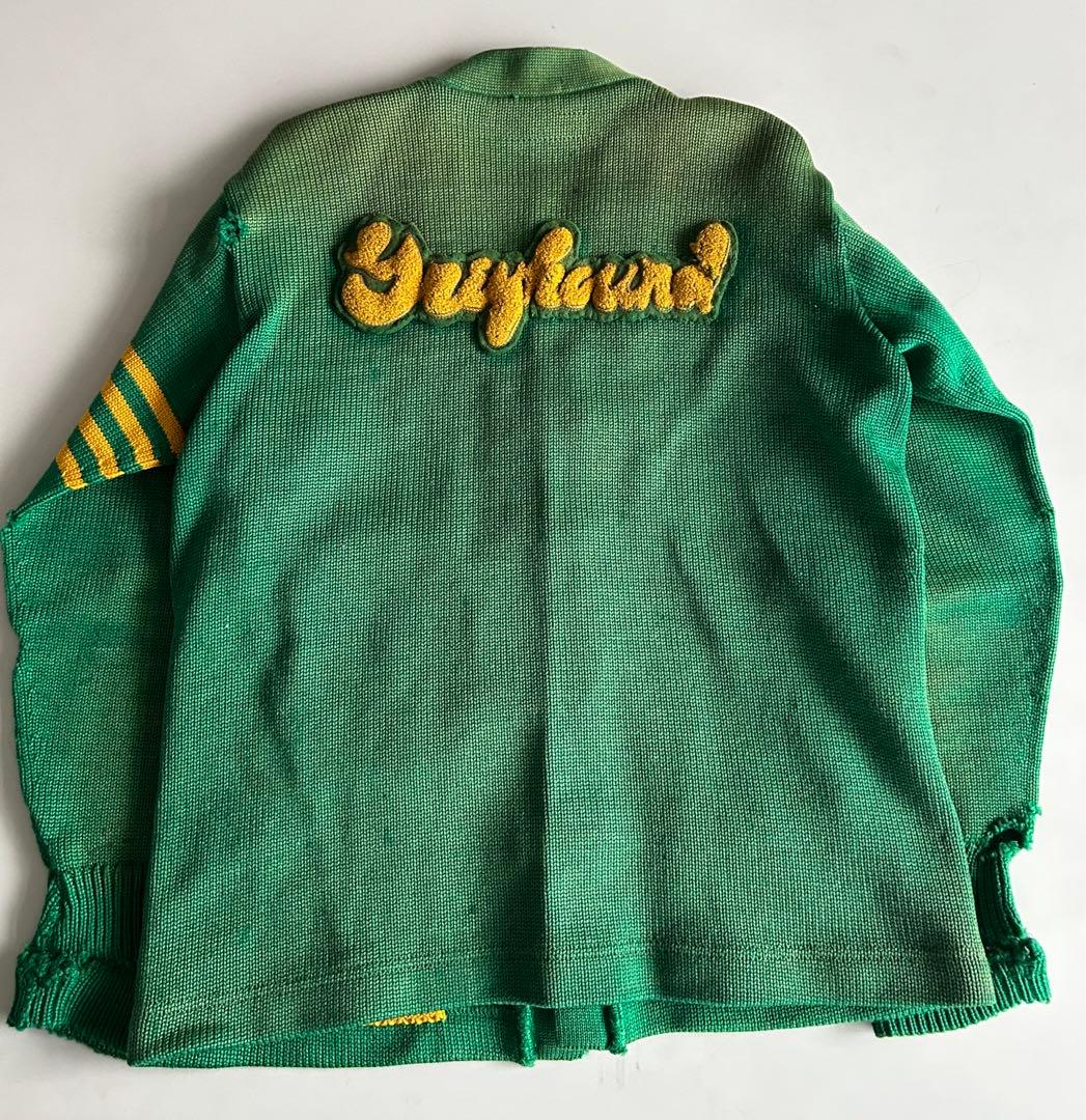 50s レタードカーディガン 肉厚 グリーン×イエロー ワッペン フェード