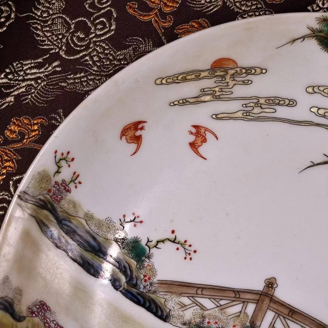 中国古美術・珍蔵粉彩・人物風景絵磁器の中皿・純手描き・箱付・置物