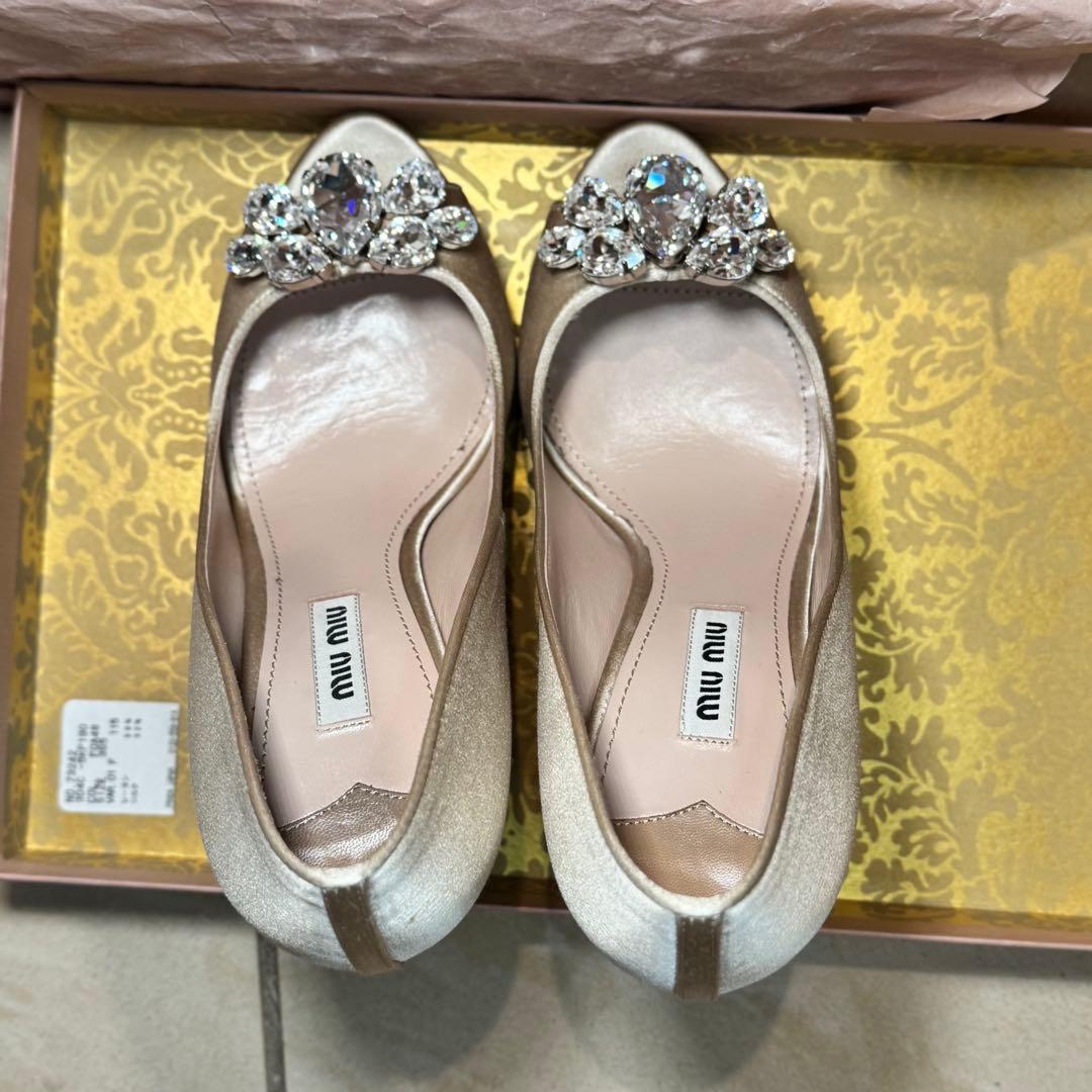 miumiu シルクサテン 37 23.5〜24ビジューオープントゥハイヒール