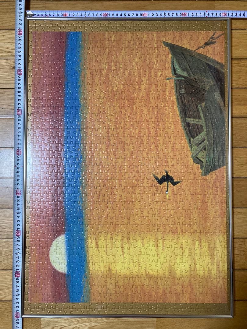 千P⑫夕日にボートと鳥　ジグソーパズル　金属額　長良川の鵜飼？夕暮れに飛ぶ鵜かね