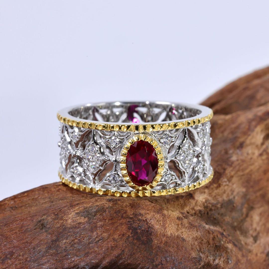 【S925純銀】ラボグロウン・ルビー 彫金ワイドリング／クラシックアンティーク K18/Pt「ルビー ミルククラウン」リング｜【オレフィーチェ】Orefice