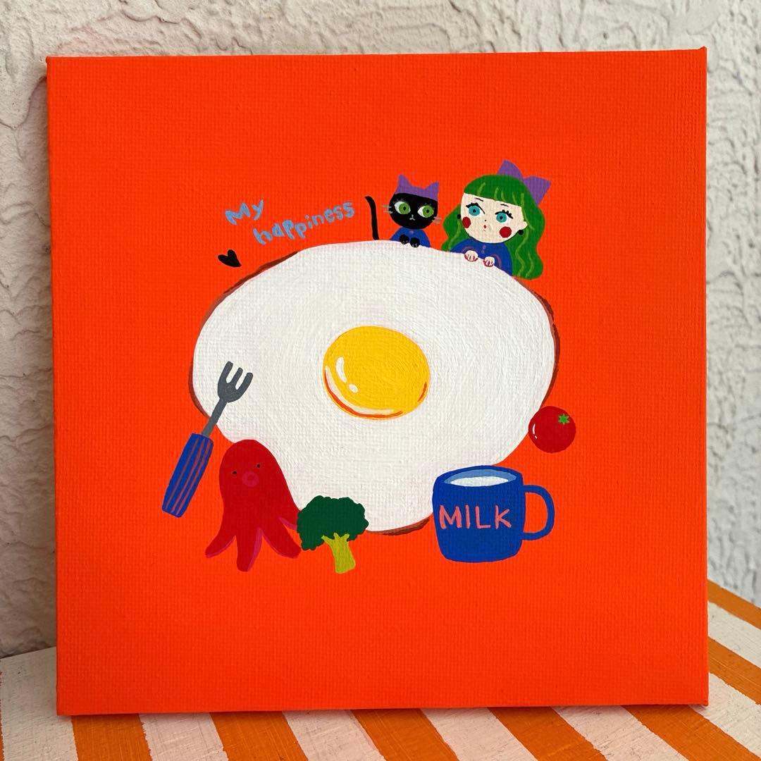 わたしの幸せ朝ごはん！ 手描きイラスト アクリル画 原画 キャンバス