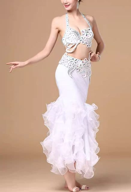 ベリーダンス衣装 セットアップ ブラ スカート ホワイト オーダーサイズ 新着 ベリーダンス 衣装 オーダーサイズ衣装 コスチューム 長袖付き