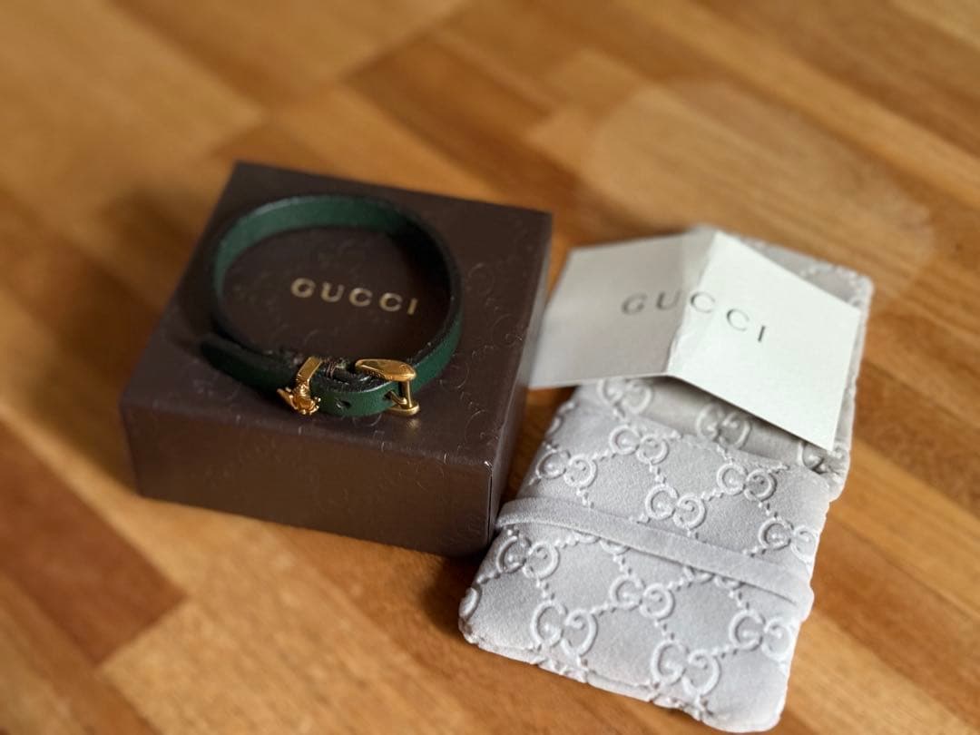 GUCCI グリーンレザーバングル GUCCI グッチ GP レザー ダブルG レザー ブレスレット S バックル