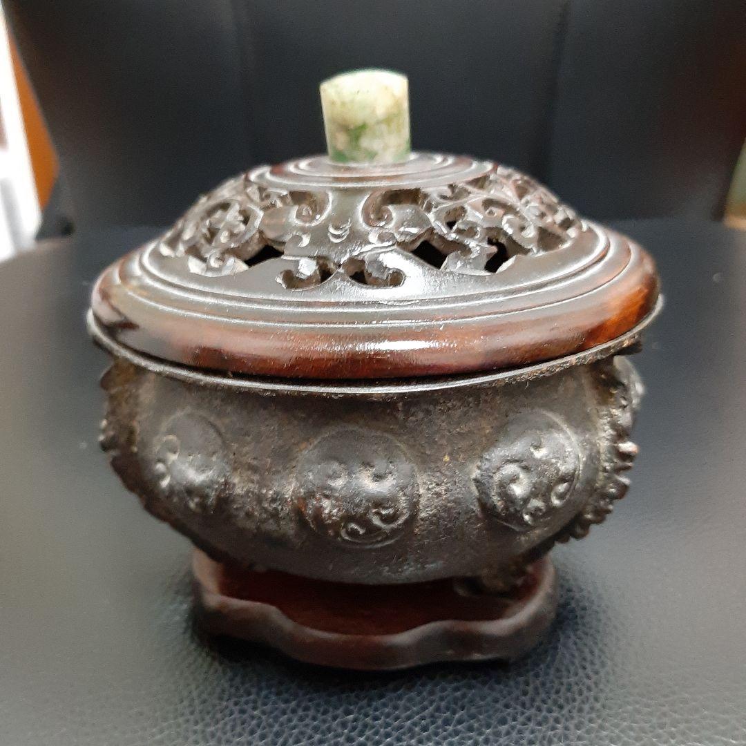 希少　古い銅香炉　香道具　唐木蓋　唐木台座　翡翠摘み　古美術　中国美術 高岡銅器 香炉 | 玉型孔雀 彩色 | 銅 | 喜泉堂