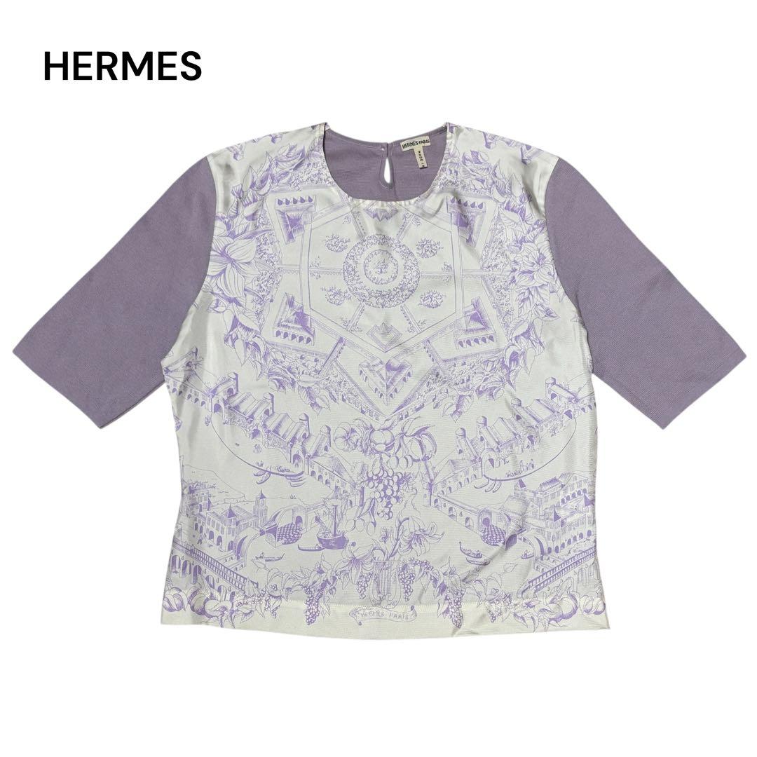 HERMES エルメス マルジェラ期 楽園にて ツイルレーヌ 半袖セーター L HERMES - エルメス HERMES ツイルレーヌ切替ニットセーター ブルー