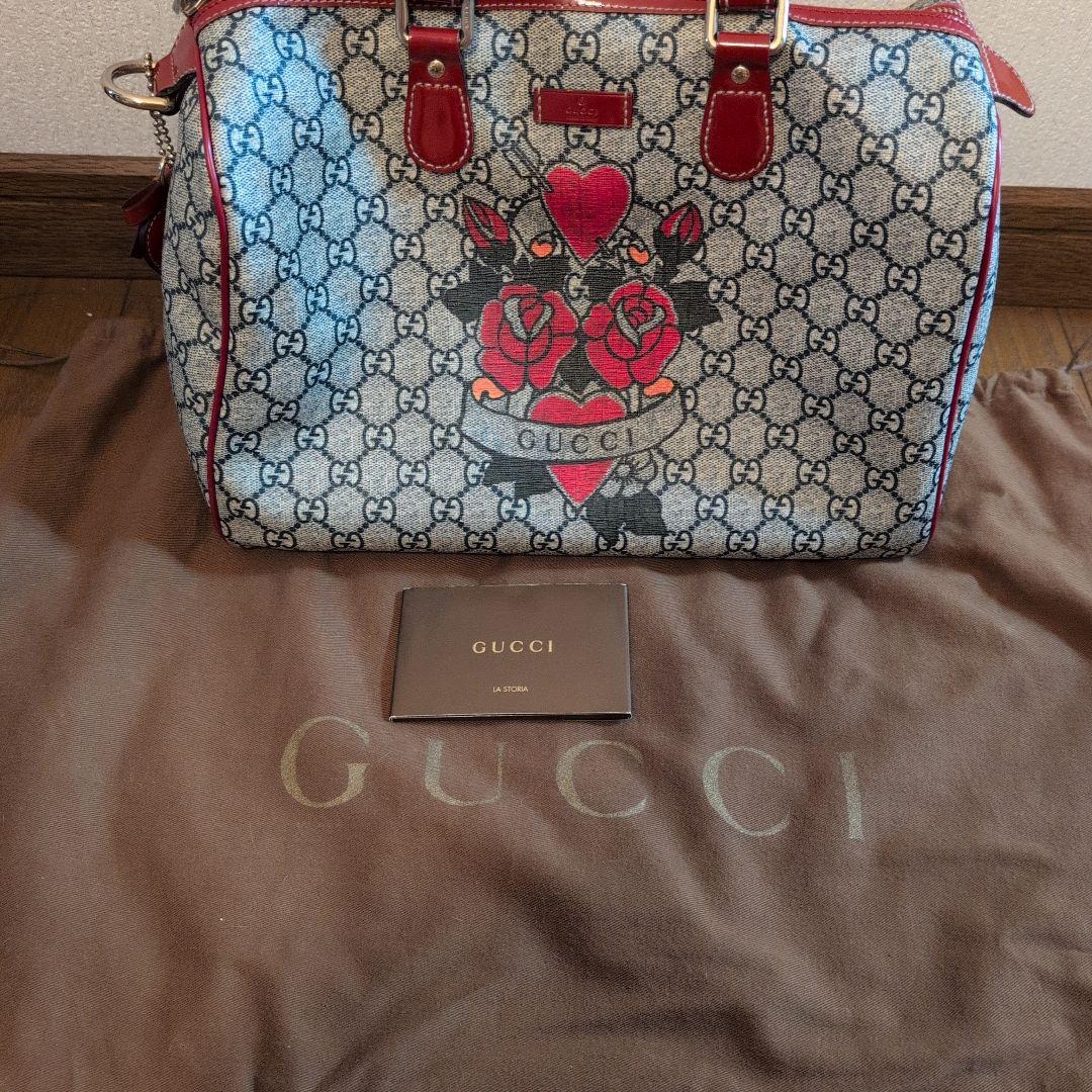 美品 グッチ GGスプリーム タトゥー ボストン バック 保存袋有 赤 紺
