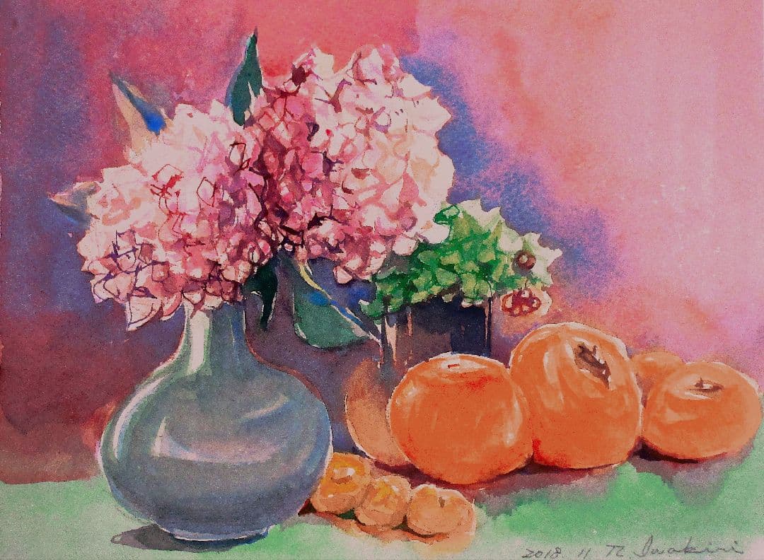 花瓶と果物の水彩画 ウサギとデザート ⁡ #兎#うさぎ#ウサギ花瓶静物ケーキ苺花葉っぱ植物