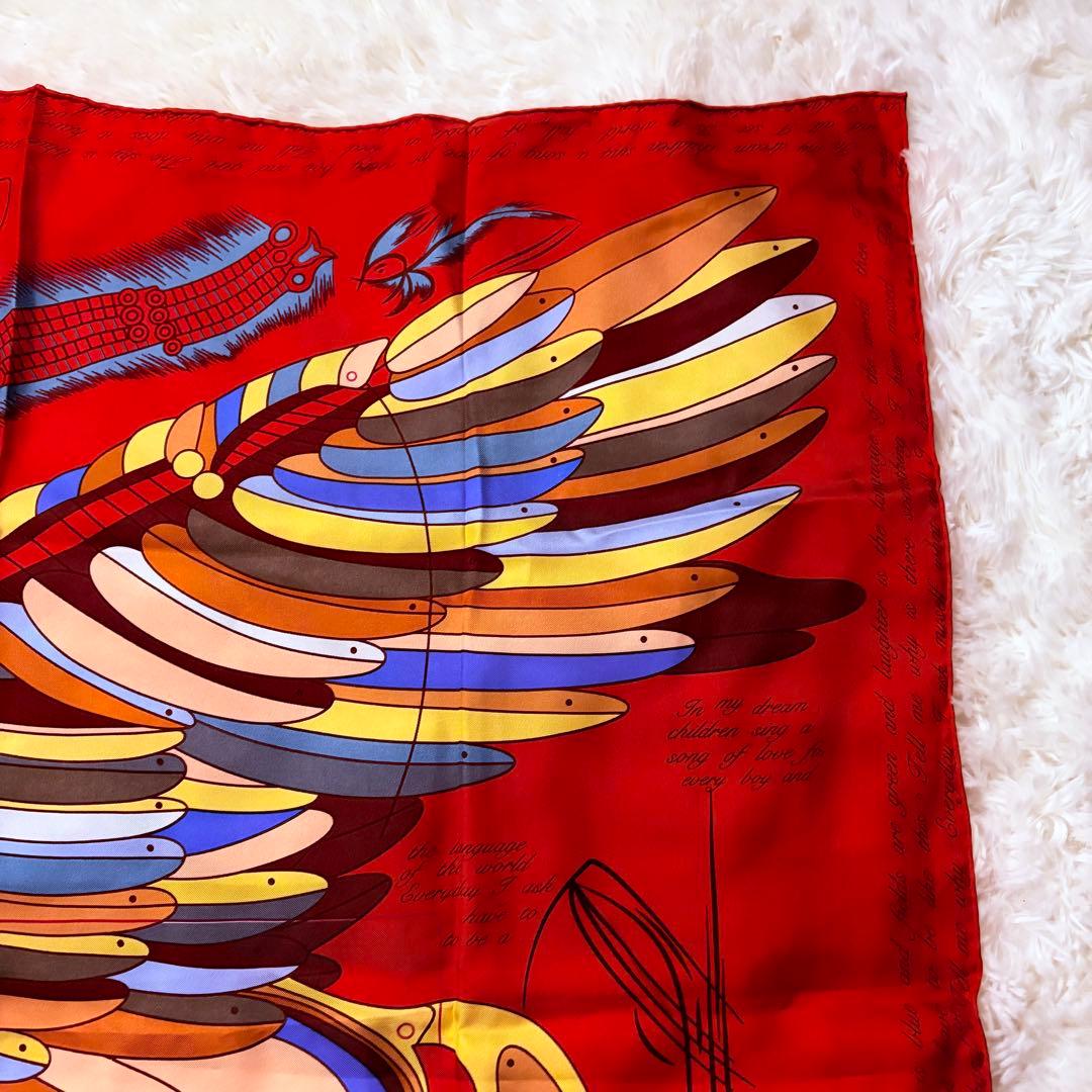 美品☆エルメス カレ90 レッド マルチカラー シルク スカーフ ペガサス