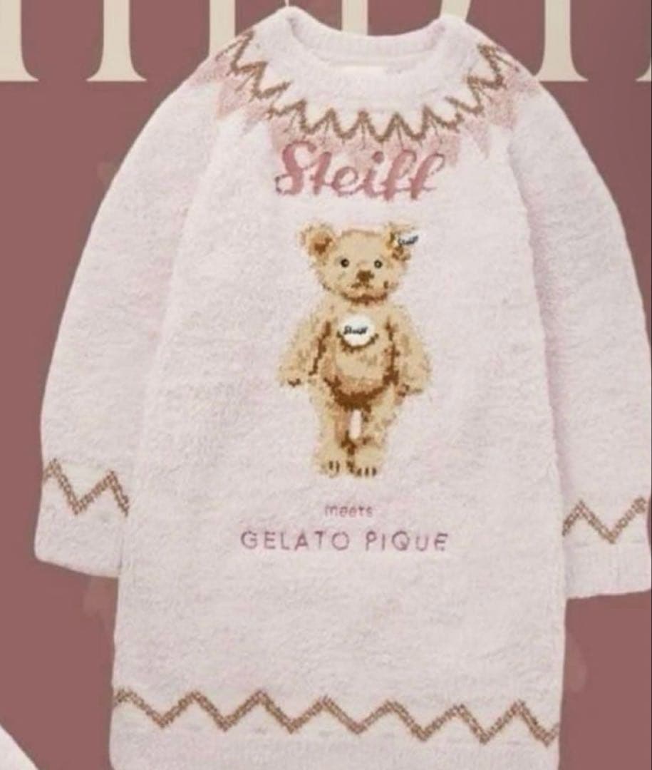 ジェラートピケ　販路限定　steiff ワンピース　ピンク　クマ ジェラートピケ シュタイフ 限定コラボ 【Steiff】パウダージャガード