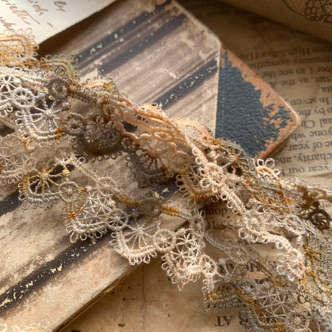 ジャンクジャーナル素材☆錆染細めアンティーク調レース2メートル380
