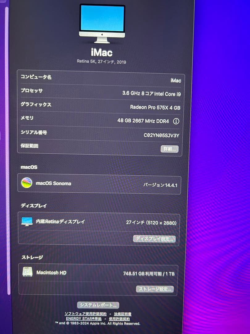 Macデスクトップ Apple iMac 5K 27\" 2019 (i9/48GB/SSD1TB) 2019 iMac 27 5K| 3.6 GHz 8-Cores i9 | 2TB PCIe+2TB SSD | 64GB RAM